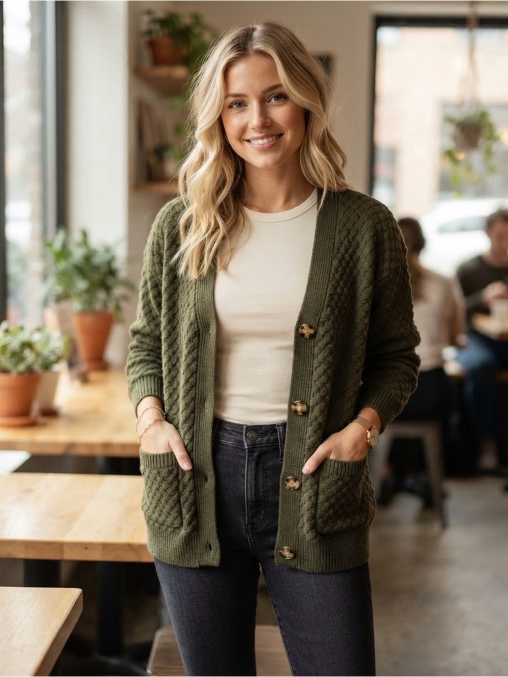 zeagoo Olive Green Textured Button Cardigan